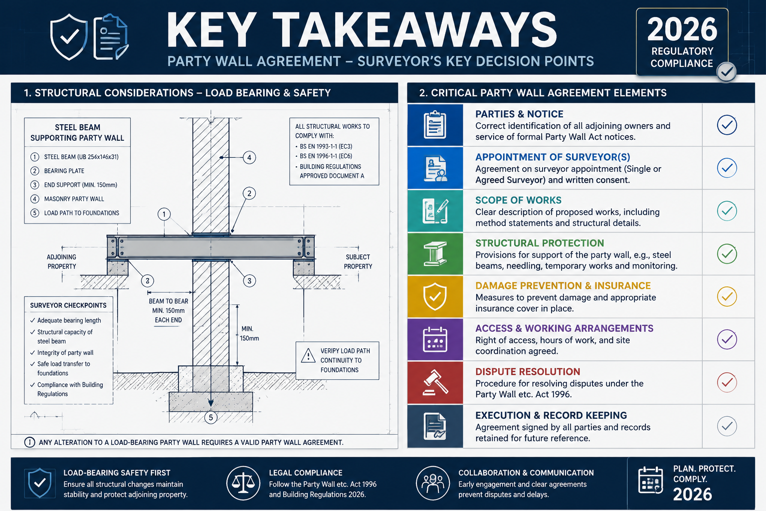 Key Takeaways section infographic featuring a split-screen design: left side showing technical architectural blueprint with