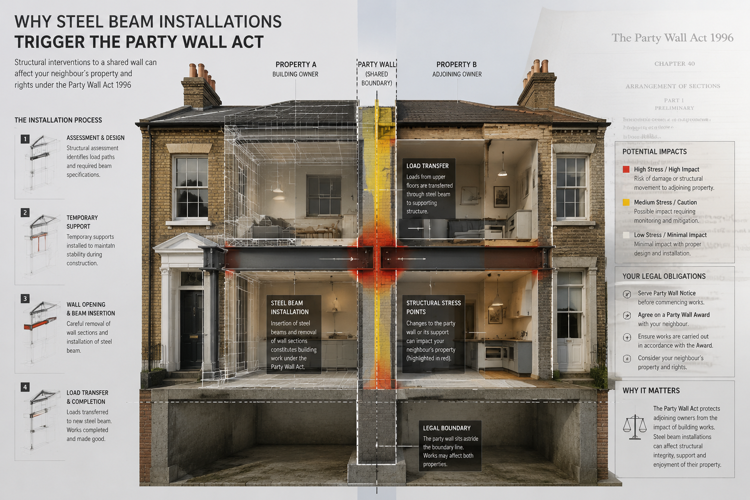 Section on 'Why Steel Beam Installations Trigger the Party Wall Act' visualization: Cutaway architectural rendering showing
