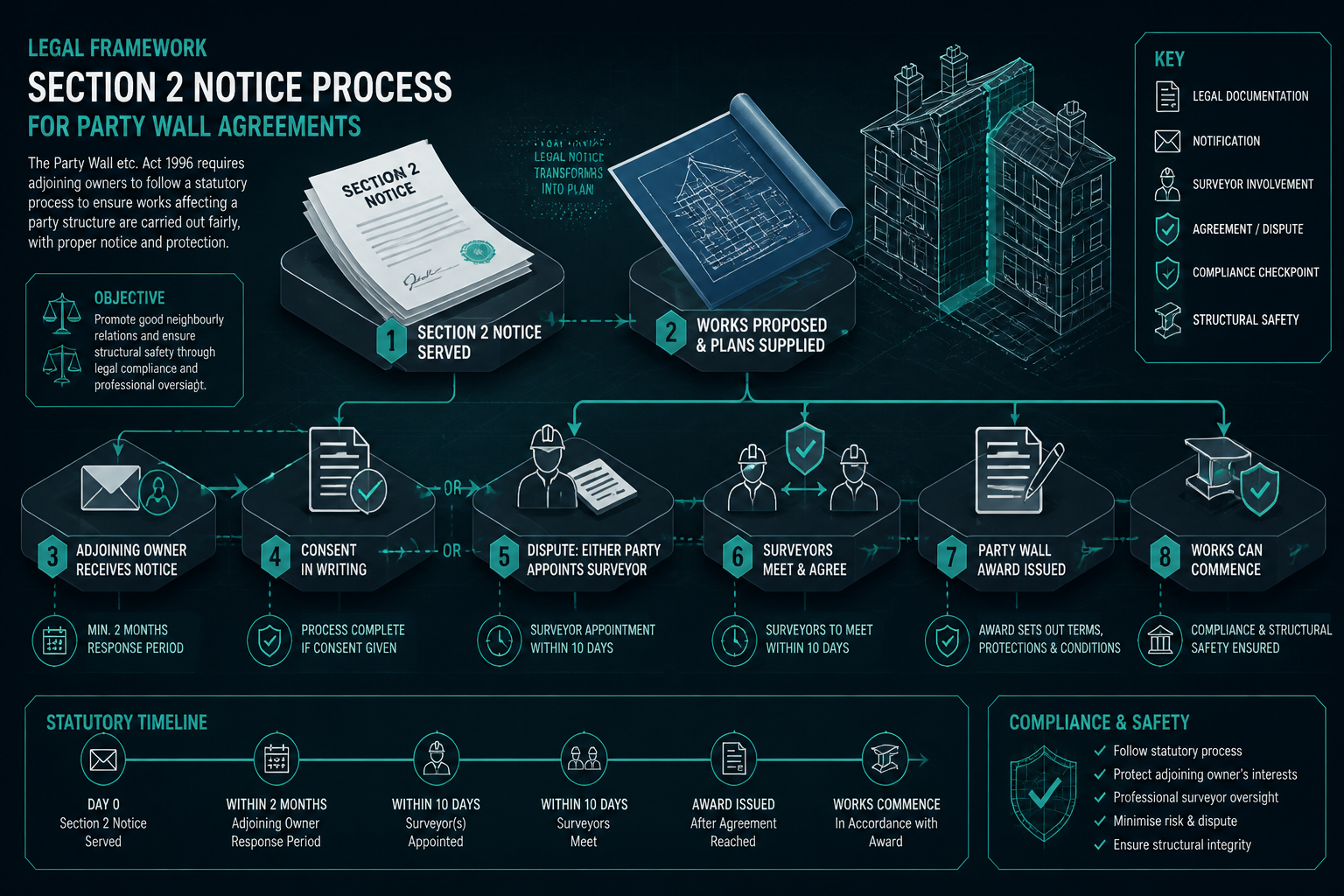 Legal Framework section graphic: Isometric flowchart illustrating Section 2 Notice process for party wall agreements.