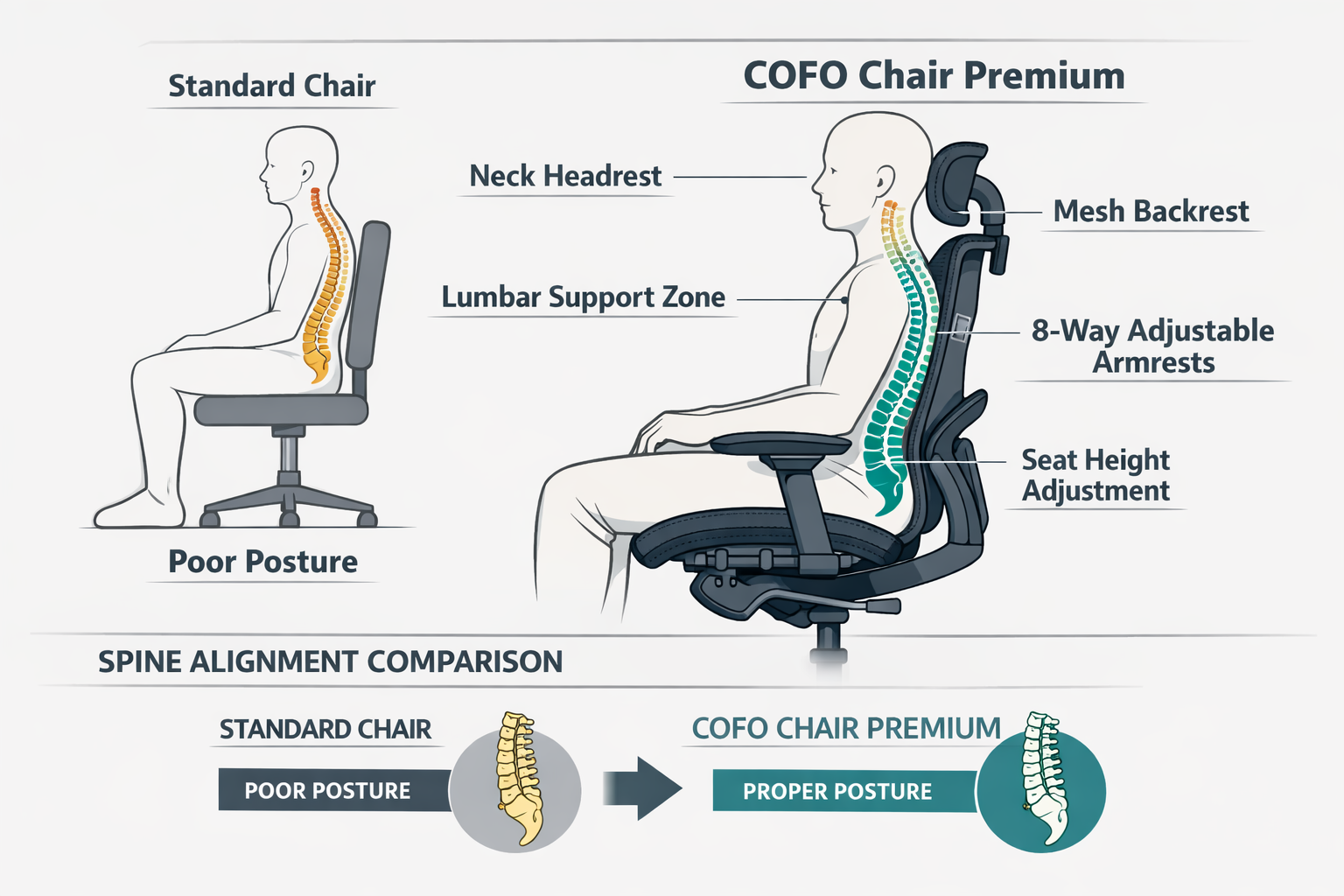 Digital illustration, graphic design style, Detailed landscape format (1536x1024) infographic-style illustration showing a side-profile anatomical diagram of a person seated in the COFO Chair Premium, with labeled callout arrows pointing to lumbar support zone, neck headrest, 8-way adjustable armrests, mesh backrest, and seat height adjustment. Clean medical-editorial aesthetic, white background with charcoal and teal accent colors, bold sans-serif labels, professional ergonomics chart style, showing spine alignment comparison between a standard chair and the COFO Premium model.