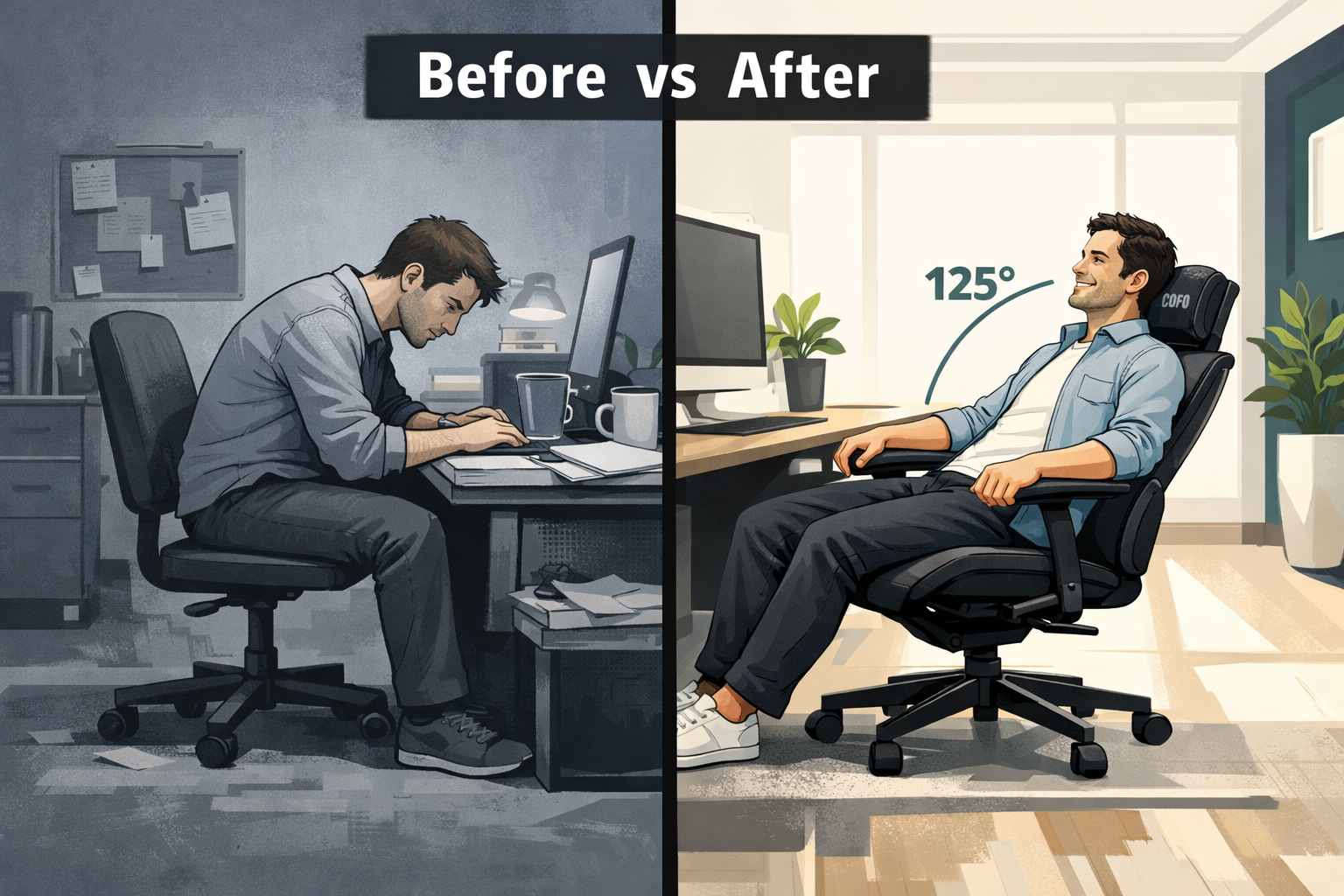 Digital illustration, graphic design style, Detailed landscape format (1536x1024) split-scene comparison image: left side shows a person slouching uncomfortably in a generic budget office chair at a cluttered desk, muted colors, poor posture visible; right side shows the same person sitting upright and relaxed in the COFO Chair Premium with the 125-degree recline engaged, bright modern workspace, clean desk, confident posture. Bold dividing line down the center with text 'Before vs After' in 48pt sans-serif. Color palette: left side desaturated grey-blue, right side warm white and charcoal with teal accents. Editorial quality, high contrast.