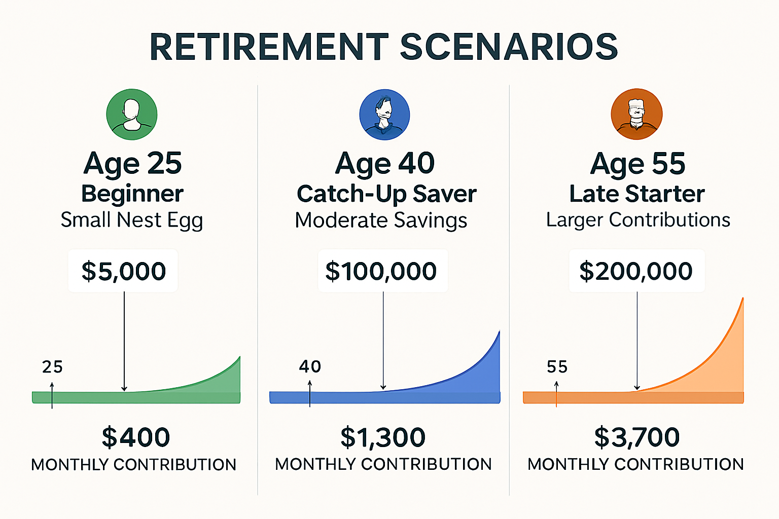 Comprehensive comparison chart displaying three real-life retirement scenarios side by side: Age 25 beginner with small nest egg, Age 40 cat