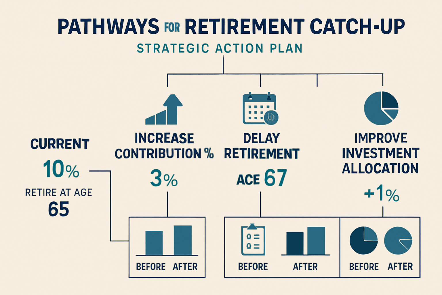 Strategic action plan infographic showing four pathways for retirement catch-up: increase contribution percentage with upward arrow, delay r