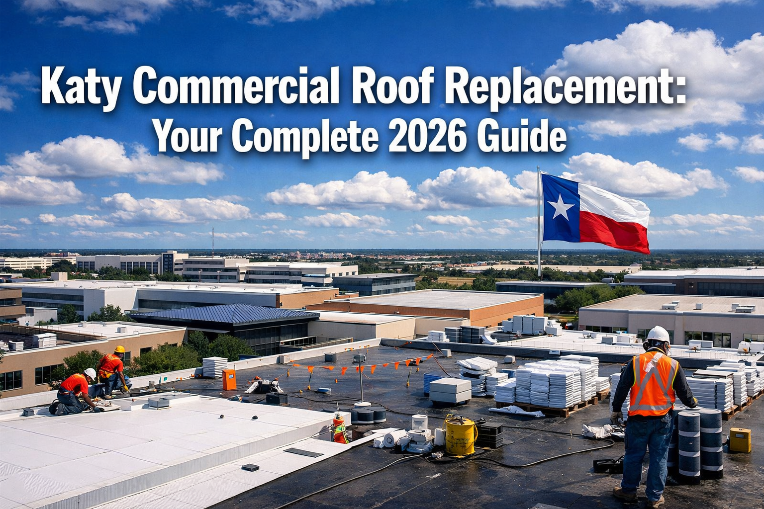 Professional landscape hero image (1536x1024) featuring bold text overlay 'Katy Commercial Roof Replacement: Your Complete 2026 Guide' in ex