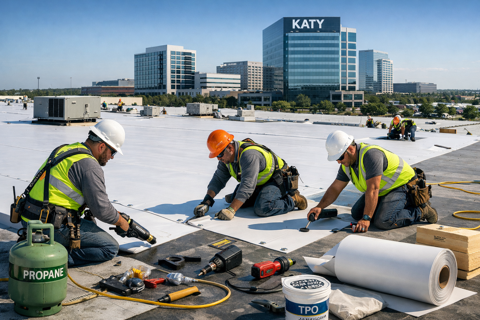 Professional commercial roofing scene in Katy showing experienced contractors installing TPO membrane on large warehouse building, with deta