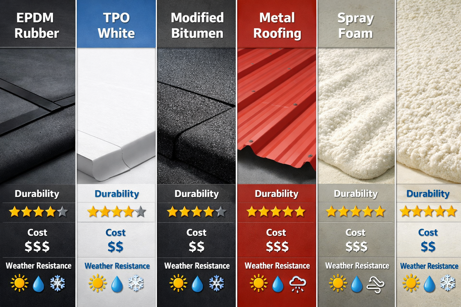 Split-screen comparison image showing various commercial roofing materials side by side: EPDM rubber membrane, TPO white roofing, modified b