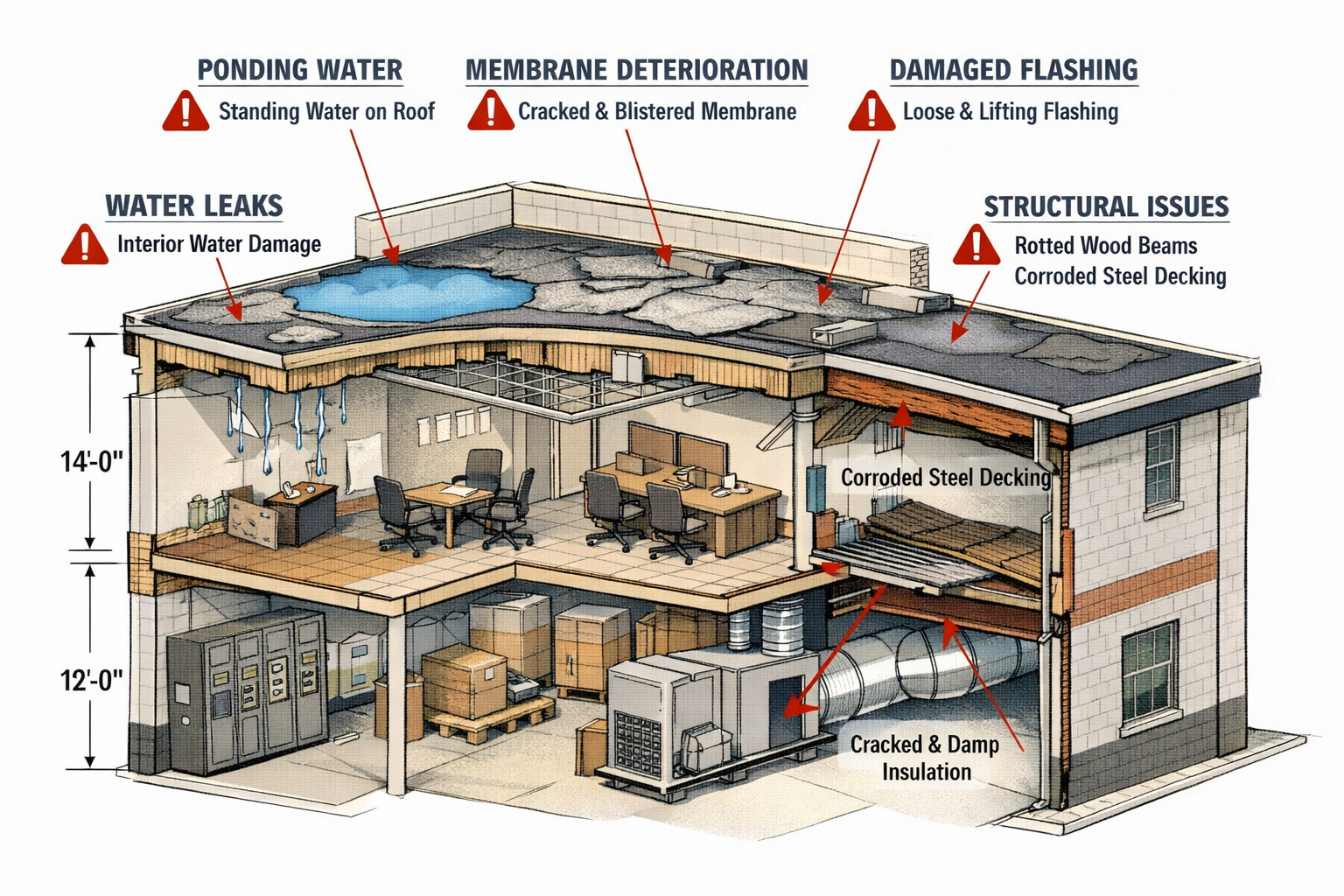 Commercial building cross-section illustration showing signs of roof damage including water leaks, membrane deterioration, ponding water, da