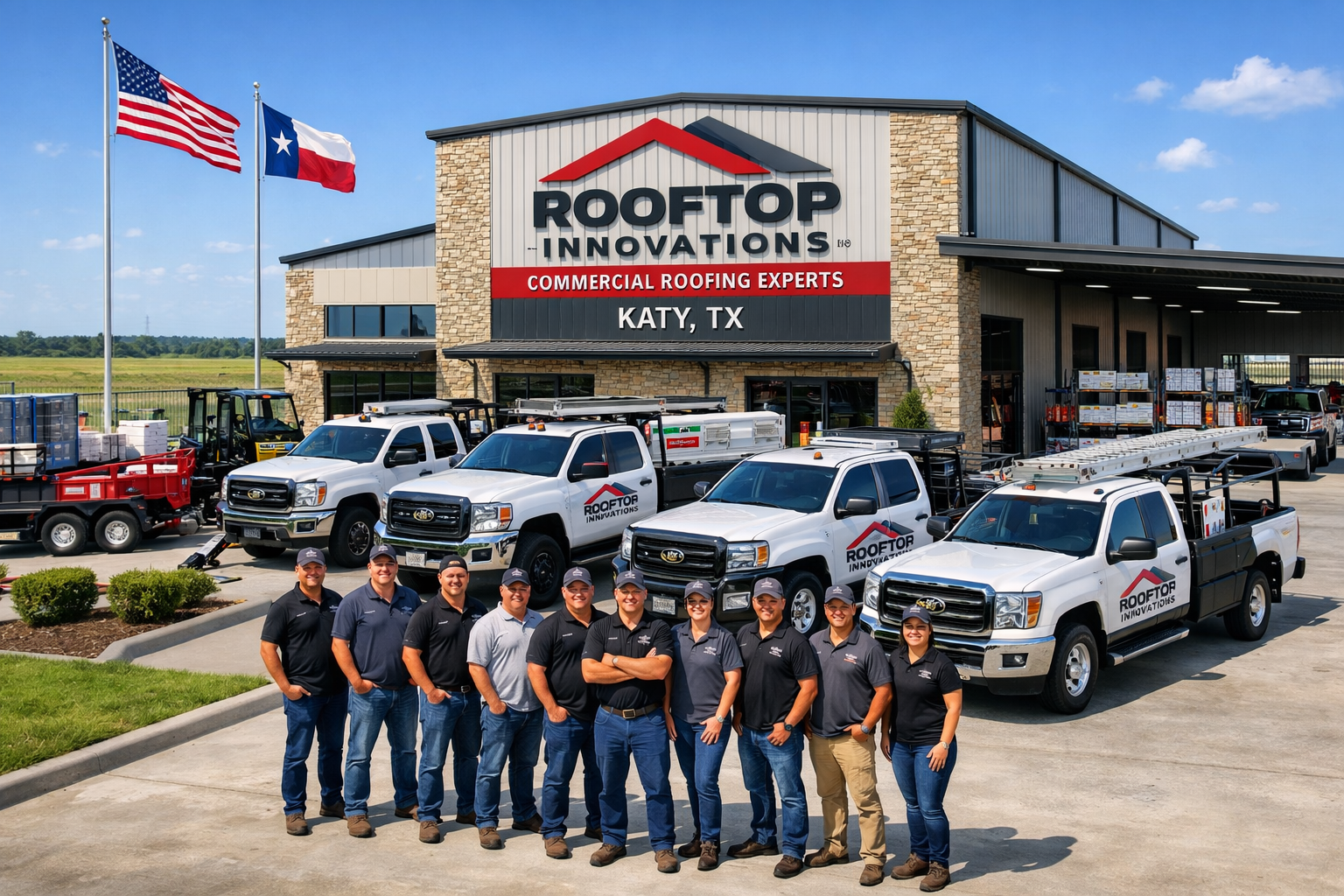 Modern Katy commercial roofing company office and warehouse facility with fleet of service trucks, equipment storage, and professional team 