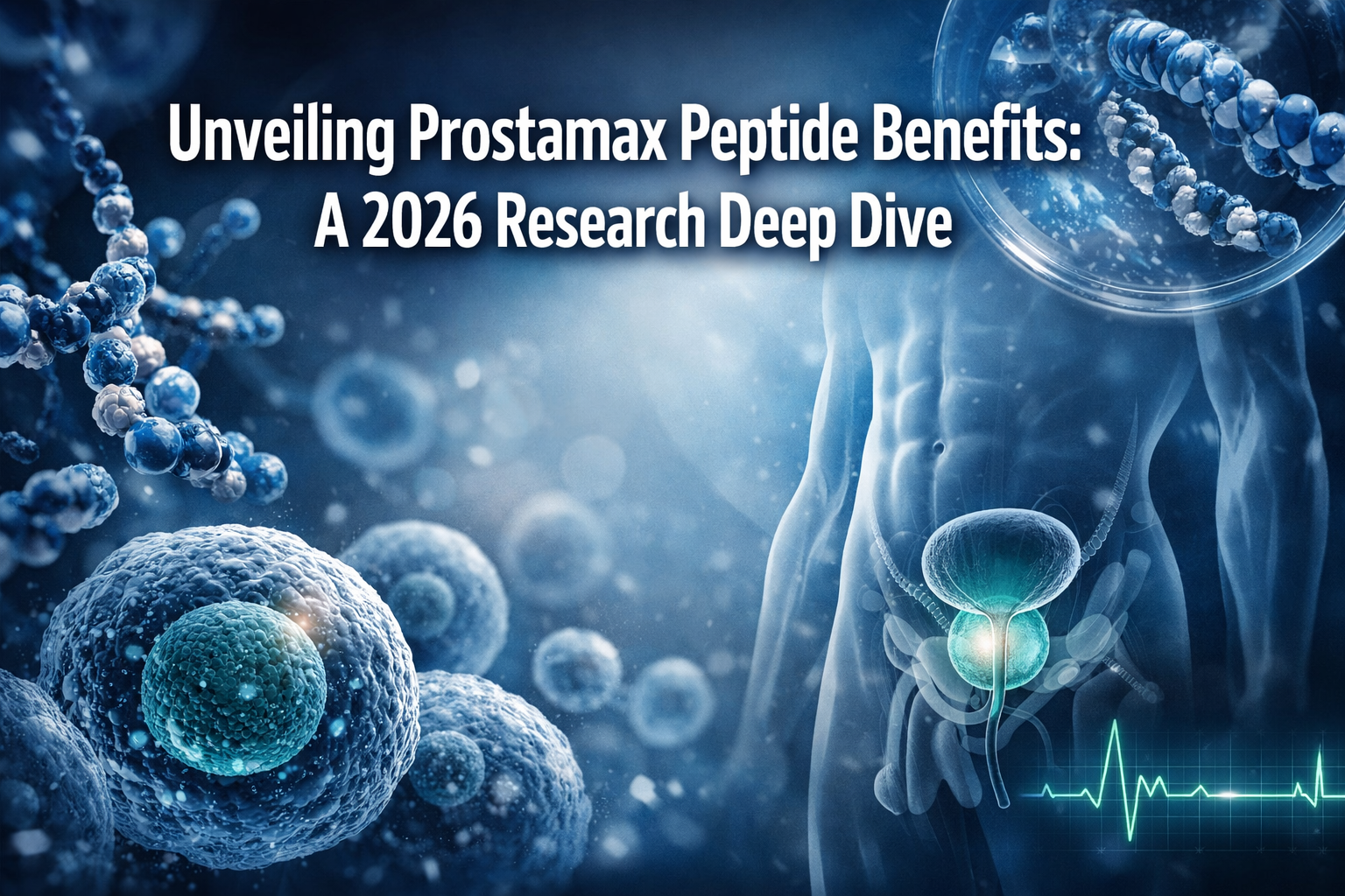 Professional landscape hero image (1536x1024) with bold text overlay: 'Unveiling Prostamax Peptide Benefits: A 2026 Research Deep Dive', mod