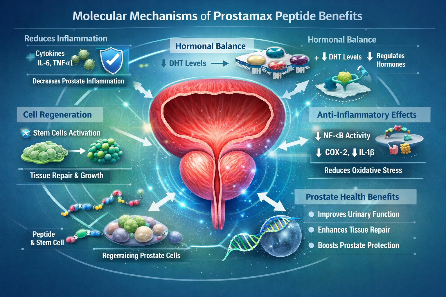 A visually compelling infographic (1536x1024) illustrating the molecular mechanisms of Prostamax peptide benefits. The image should depict a