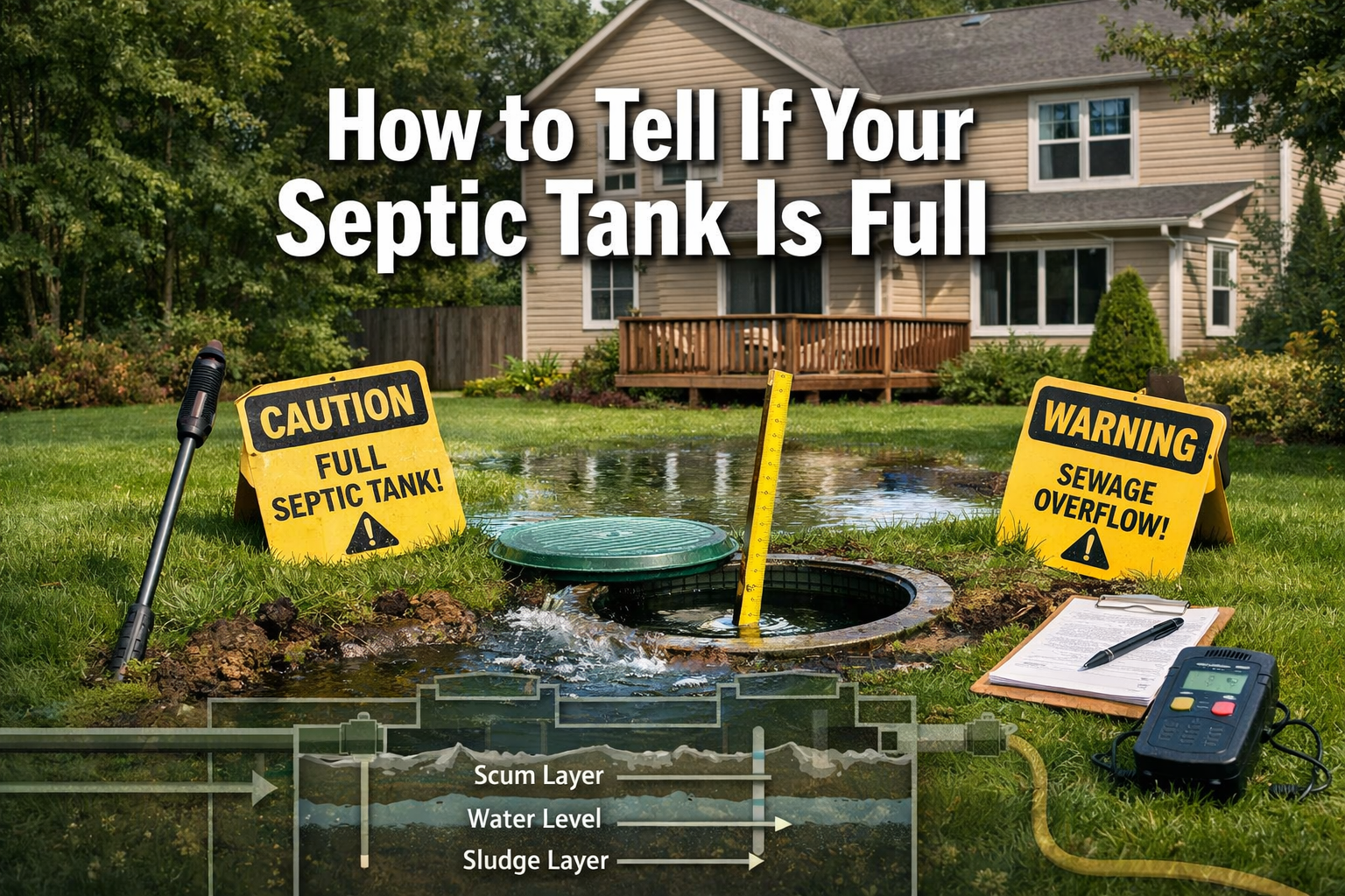 Professional landscape format (1536x1024) hero image featuring bold text overlay 'How to Tell If Your Septic Tank Is Full' in extra large 70