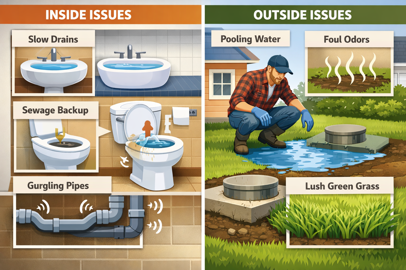 Detailed landscape format (1536x1024) image showing homeowner inspecting septic tank with visual warning signs including slow drains in bath