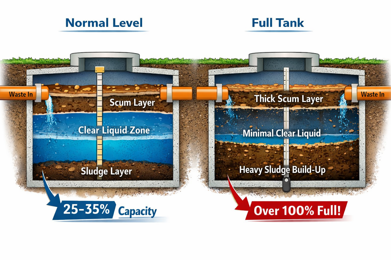 Professional landscape format (1536x1024) cutaway diagram of septic tank showing proper liquid levels versus full tank conditions. Visual el