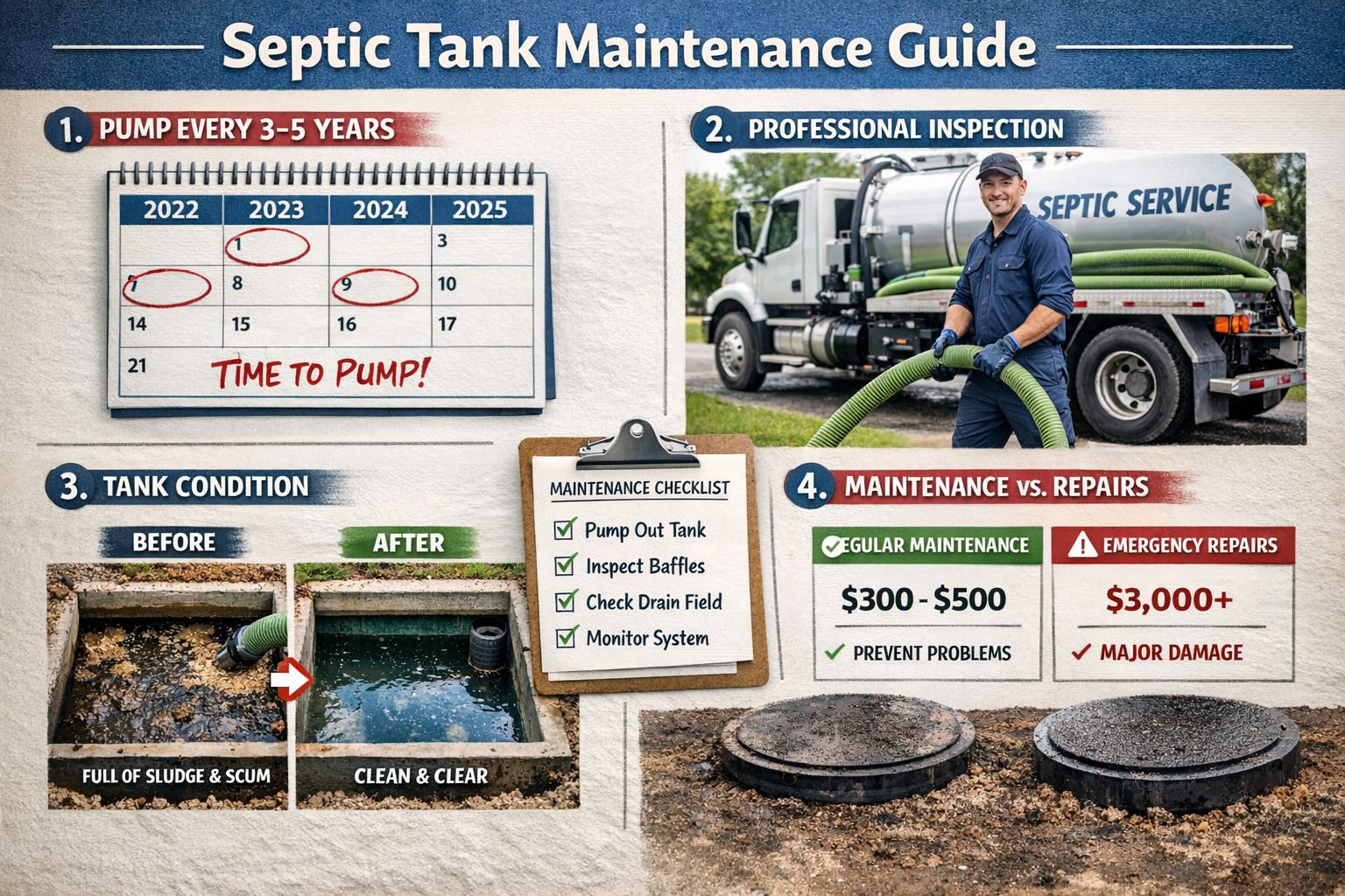 Landscape format (1536x1024) step-by-step visual guide showing septic tank maintenance timeline and professional inspection process. Element