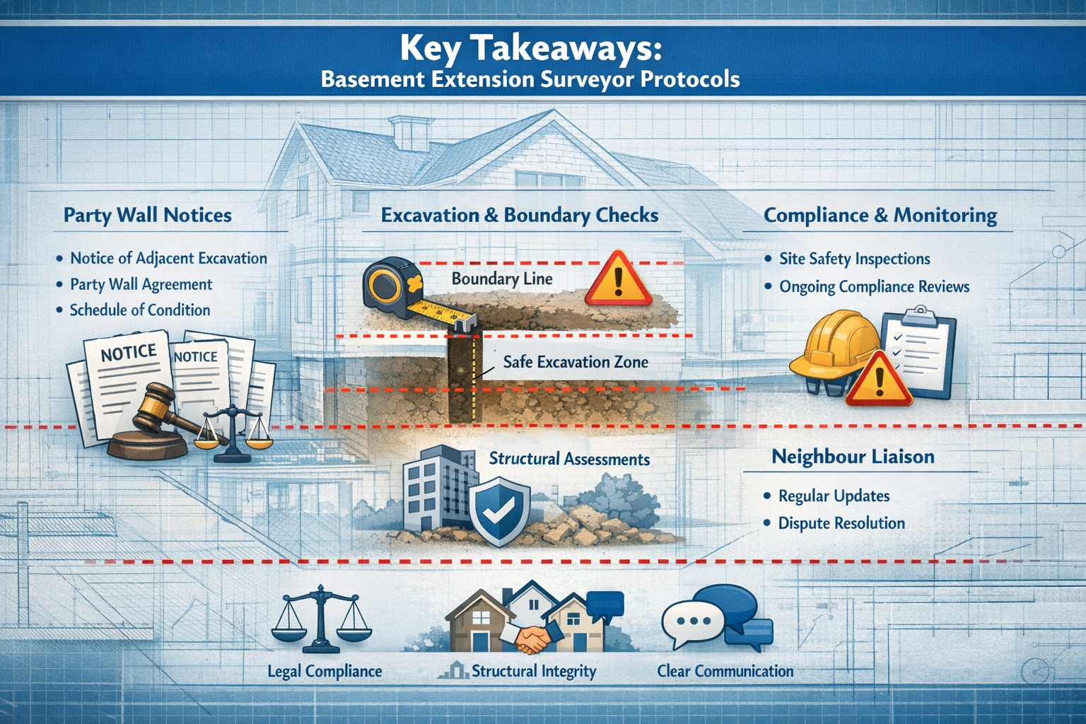 Detailed editorial infographic for 'Key Takeaways' section showcasing basement extension surveyor protocols, featuring a