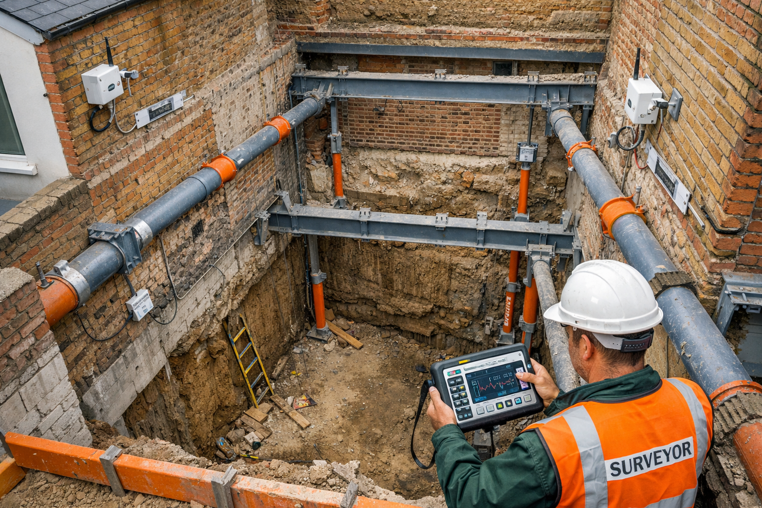 Aerial-perspective () image of an active urban basement excavation site between two terraced London properties, showing