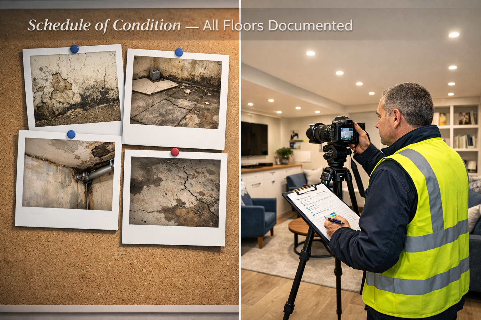 Wide-angle () scene inside a finished London basement extension showing a surveyor conducting a schedule of condition