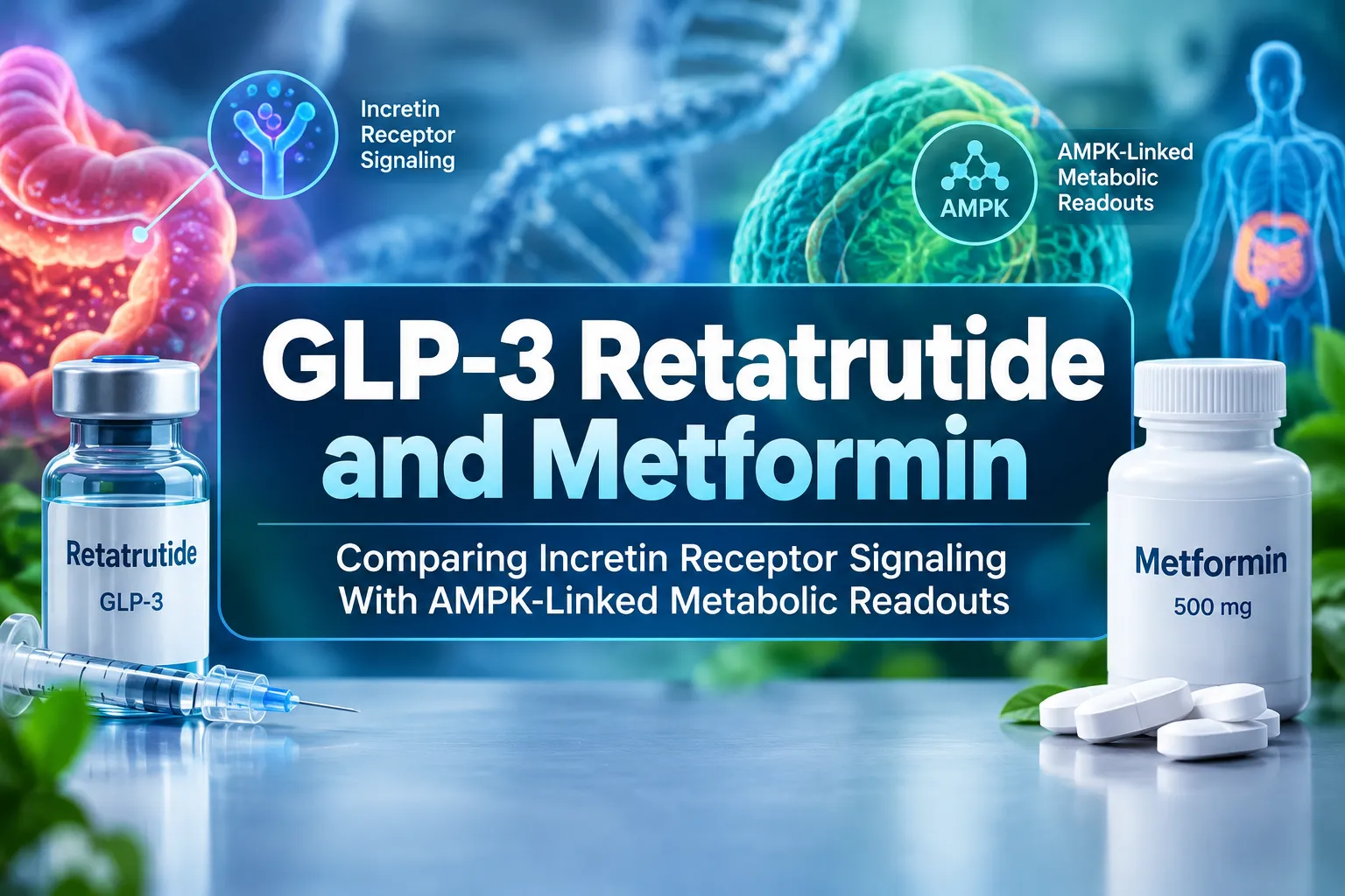 Professional landscape hero image () with a reading "GLP-3 Retatrutide and Metformin". CRITICAL TYPOGRAPHY RULES: render the