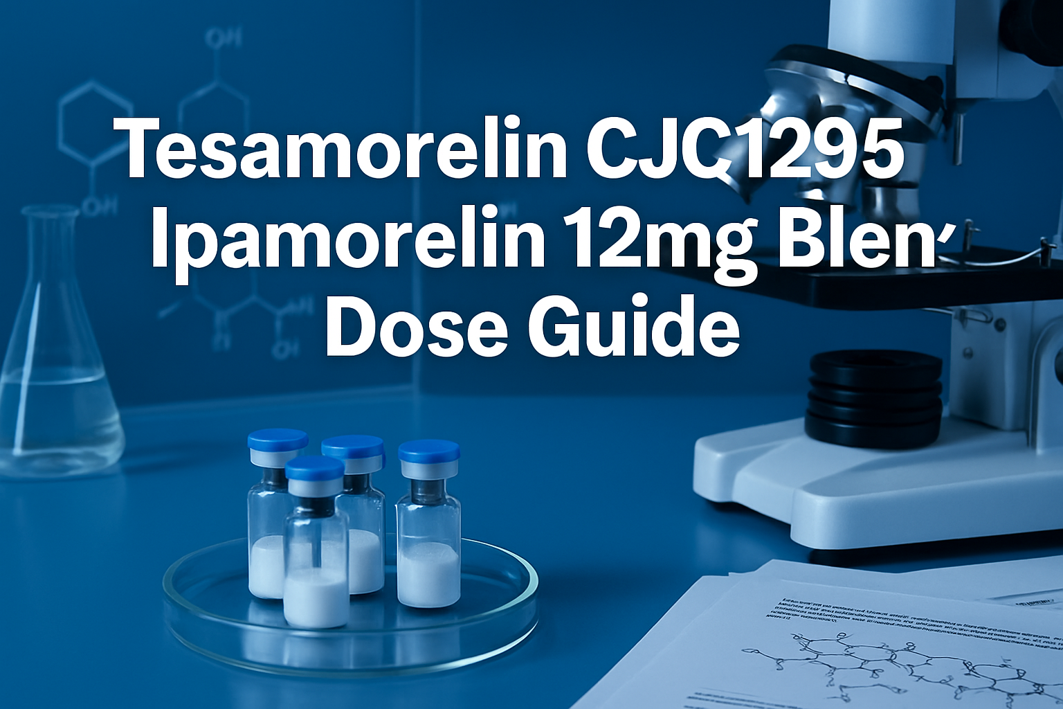 Professional landscape hero image (1536x1024) featuring bold text overlay 'Tesamorelin CJC1295 Ipamorelin 12mg Blend Dose Guide' in extra la