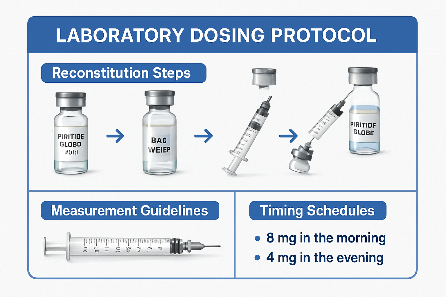 Laboratory dosing protocol chart displaying reconstitution steps, measurement guidelines, and timing schedules for 12mg peptide blend, with 