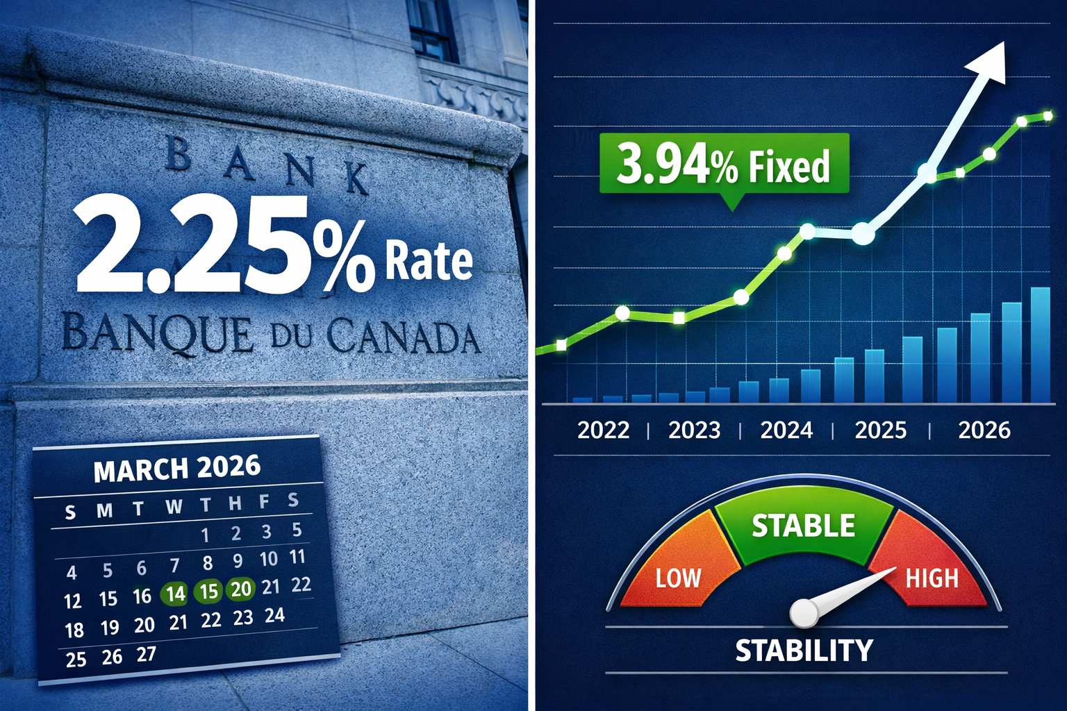 () editorial image showing split-screen comparison: left side displays Bank of Canada building with '2.25% Rate' in large