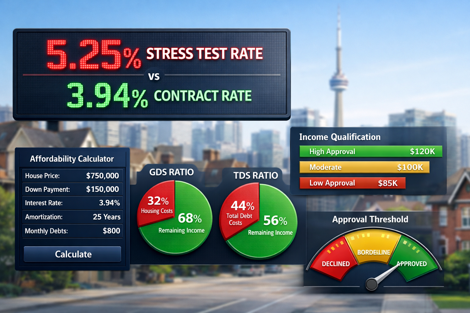 () image depicting stress test concept with visual metaphor: large digital display showing '5.25% Stress Test Rate'