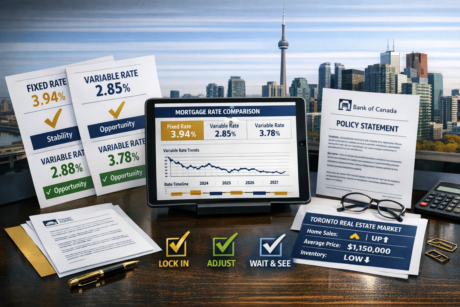 () image showing decision-making scenario: professional desk setup with multiple mortgage rate options displayed on