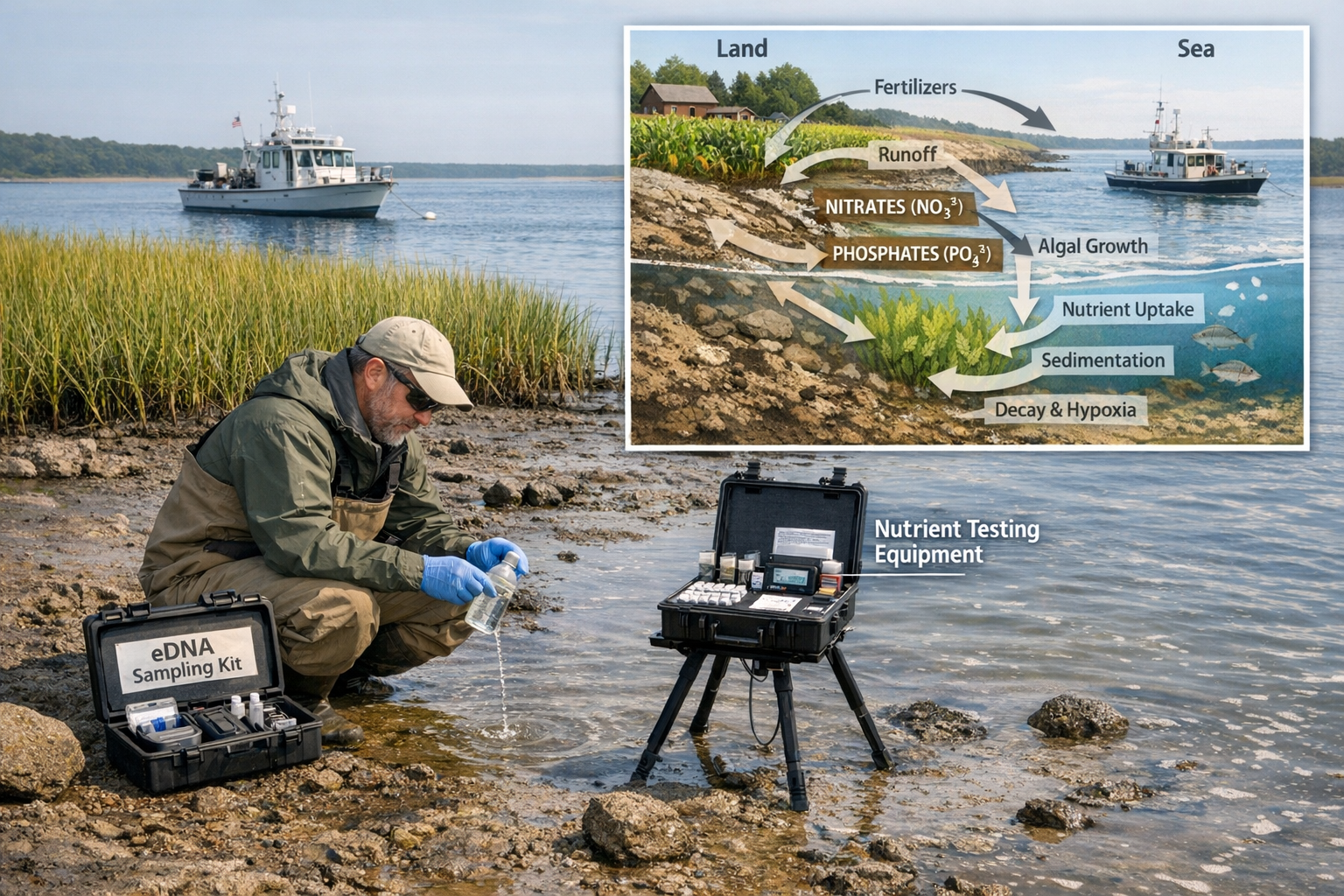 () detailed illustration showing ecologist in field gear collecting water samples at estuary shoreline during low tide, with