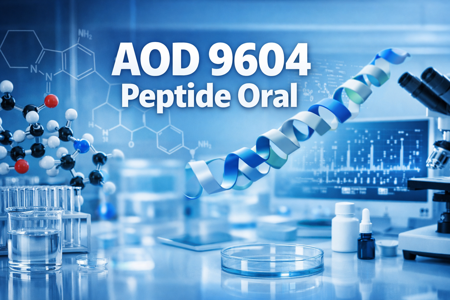 Professional landscape hero image (1536x1024) with bold text overlay 'AOD 9604 Peptide Oral' in large 70pt white sans-serif font with subtle