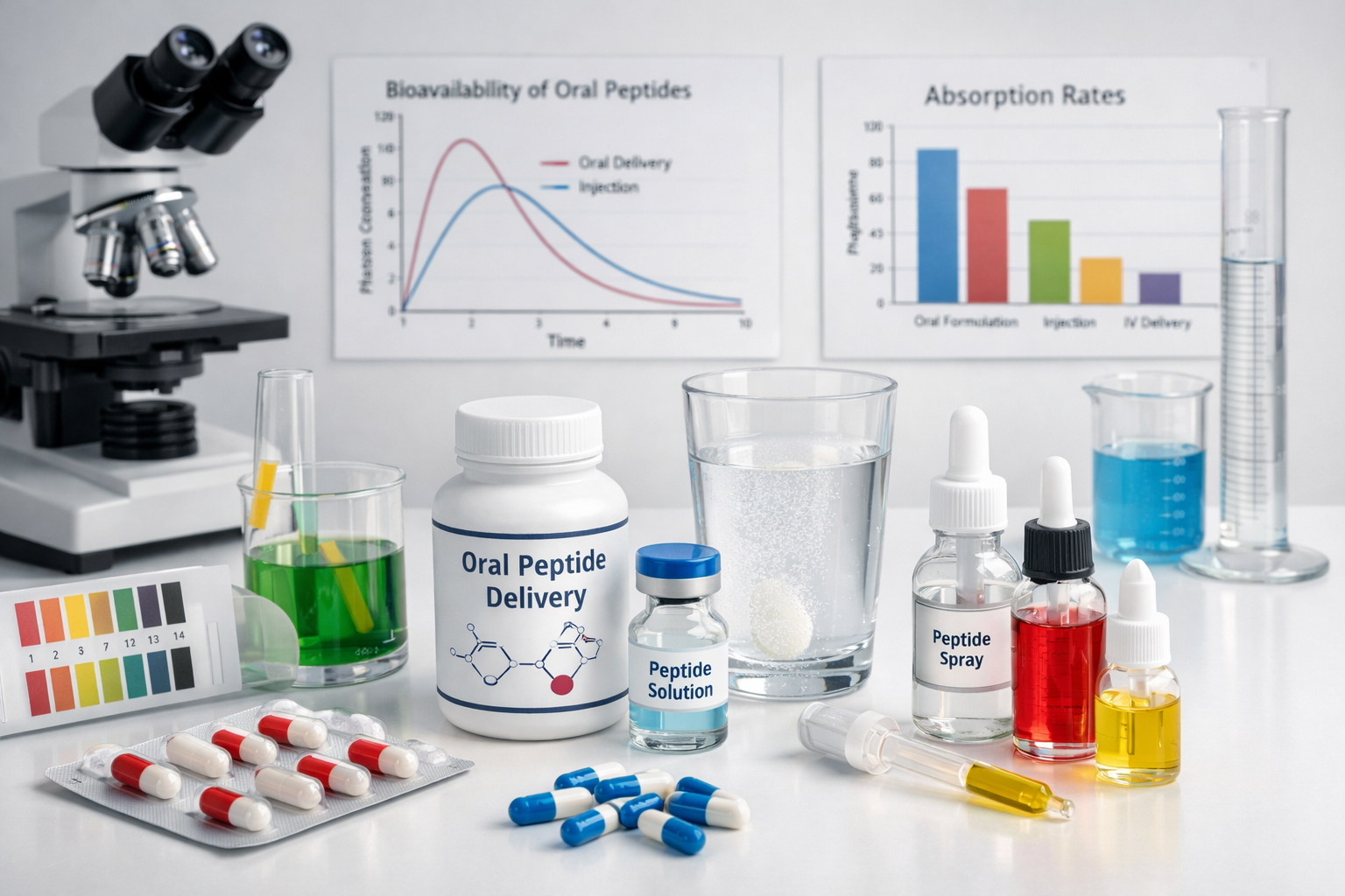 Research laboratory scene featuring oral peptide delivery systems, capsules and liquid formulations on clean white surface, scientific measu