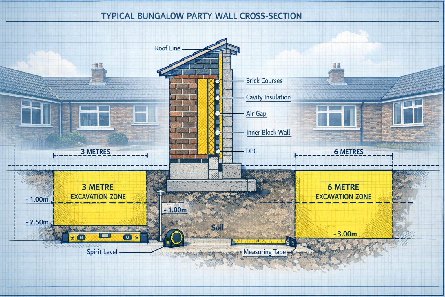 Landscape format (1536x1024) detailed technical illustration showing cross-section of typical bungalow party wall structure with labeled lay