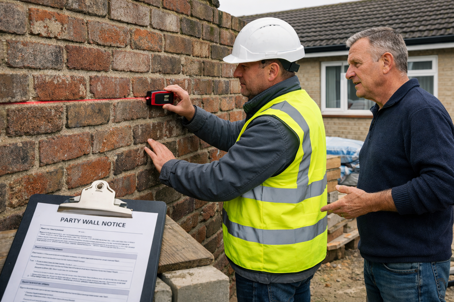Landscape format (1536x1024) professional scene showing party wall surveyor conducting pre-construction assessment at bungalow property, sur