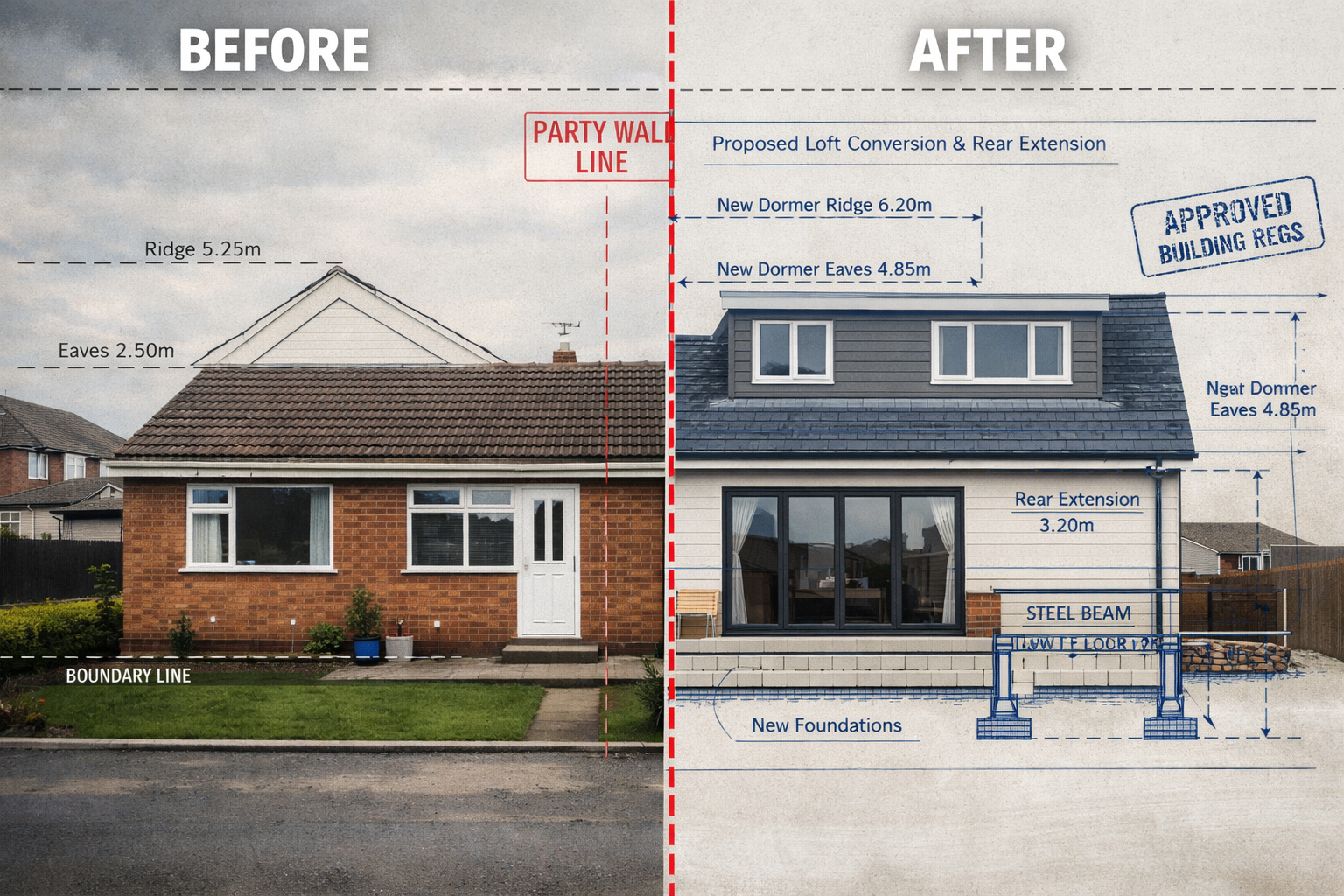 Landscape format (1536x1024) comparative split-screen composition showing before-and-after bungalow retrofit project, left side displaying o