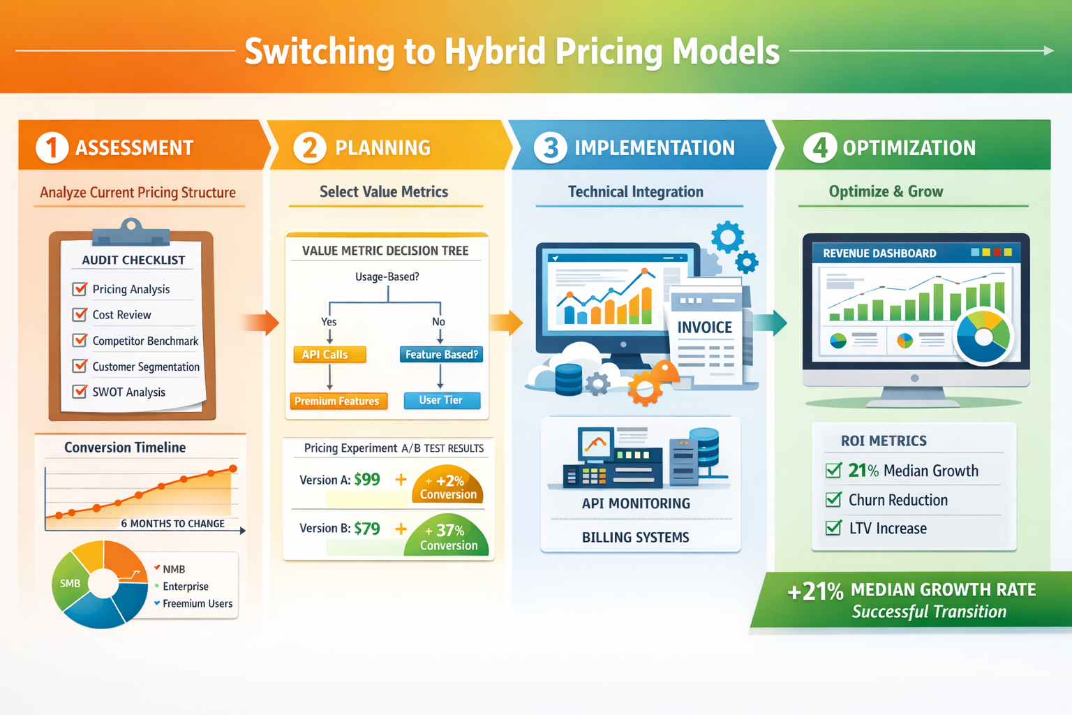 Landscape format (1536x1024) strategic roadmap infographic for switching to hybrid pricing models. Visual flow diagram showing four stages: