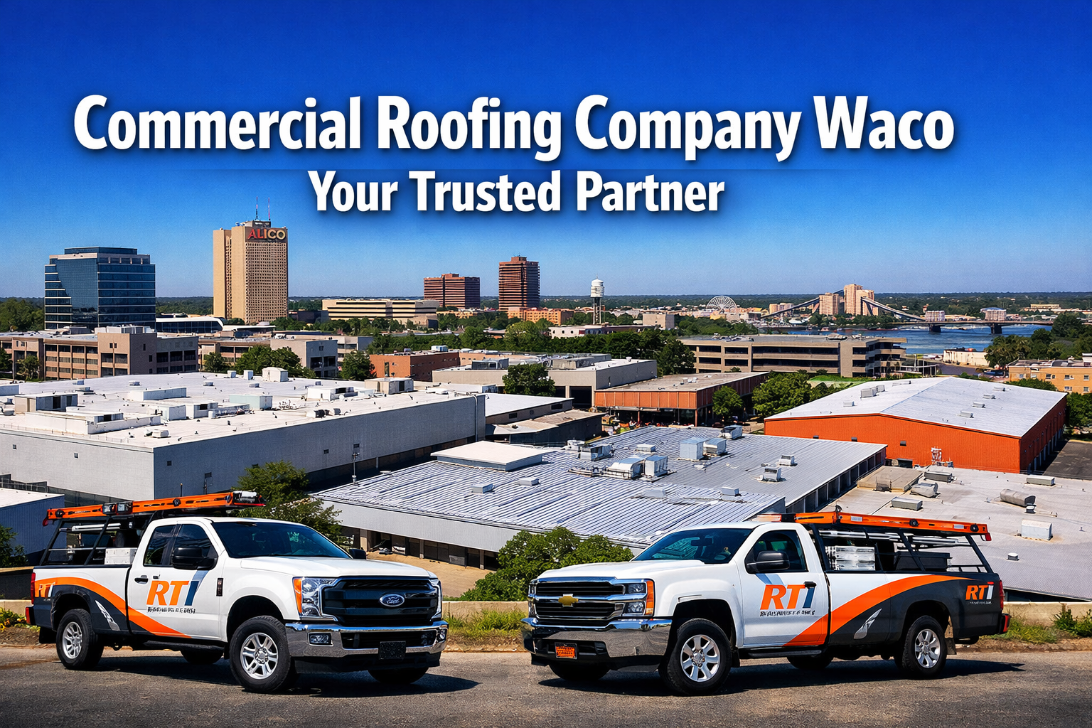Professional landscape hero image (1536x1024) featuring bold text overlay 'Commercial Roofing Company Waco - Your Trusted Partner' in extra 