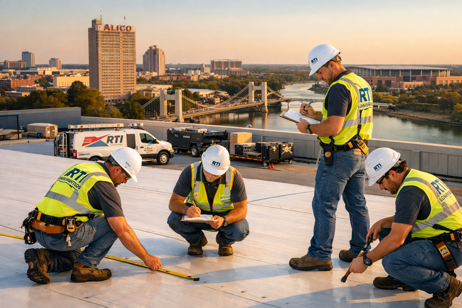Detailed landscape image (1536x1024) showing Waco Texas commercial roofing contractor team from Rooftop Innovations performing professional 