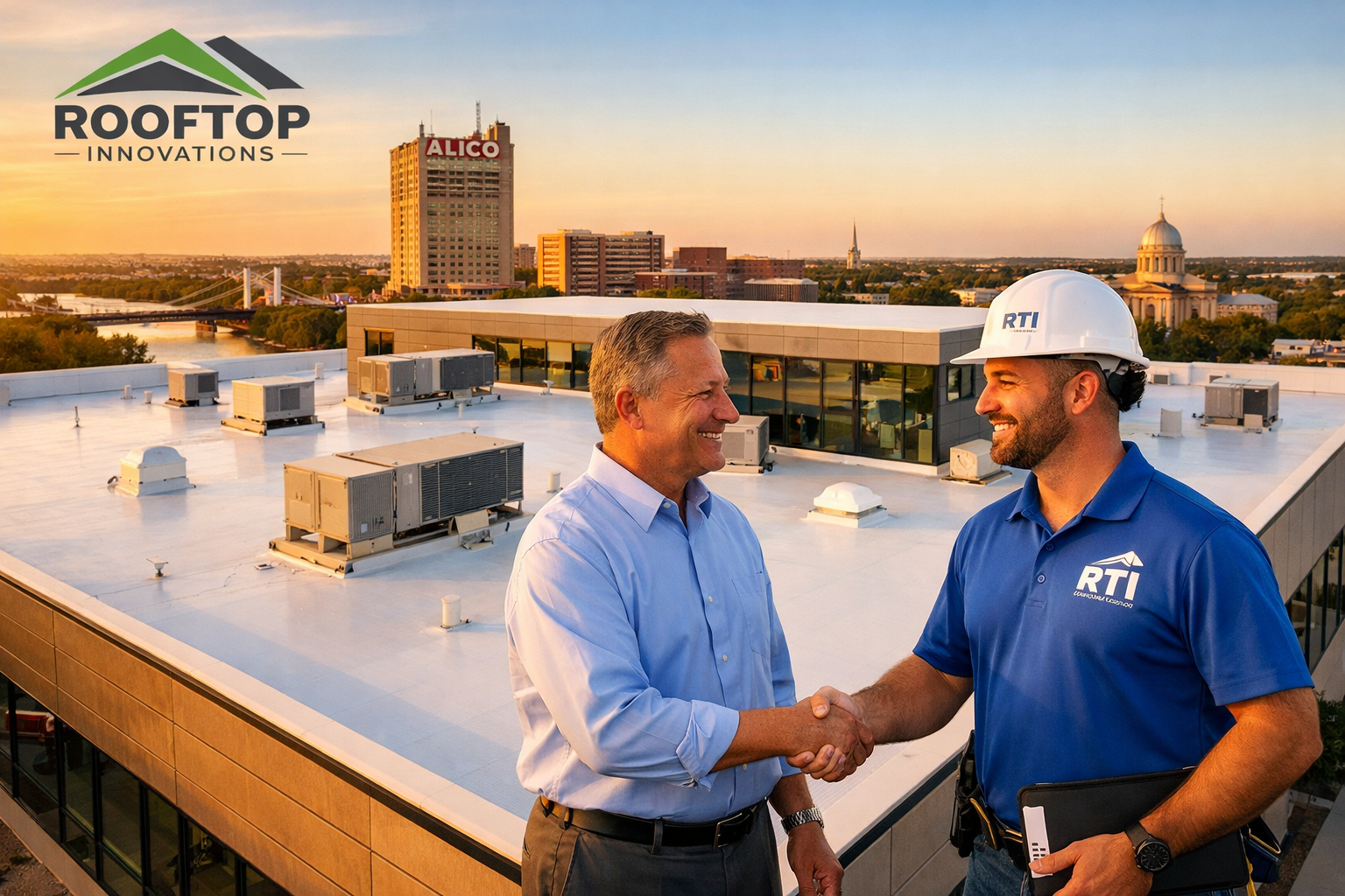 Professional landscape photograph (1536x1024) of completed commercial roofing project in Waco Texas by Rooftop Innovations. Modern office bu