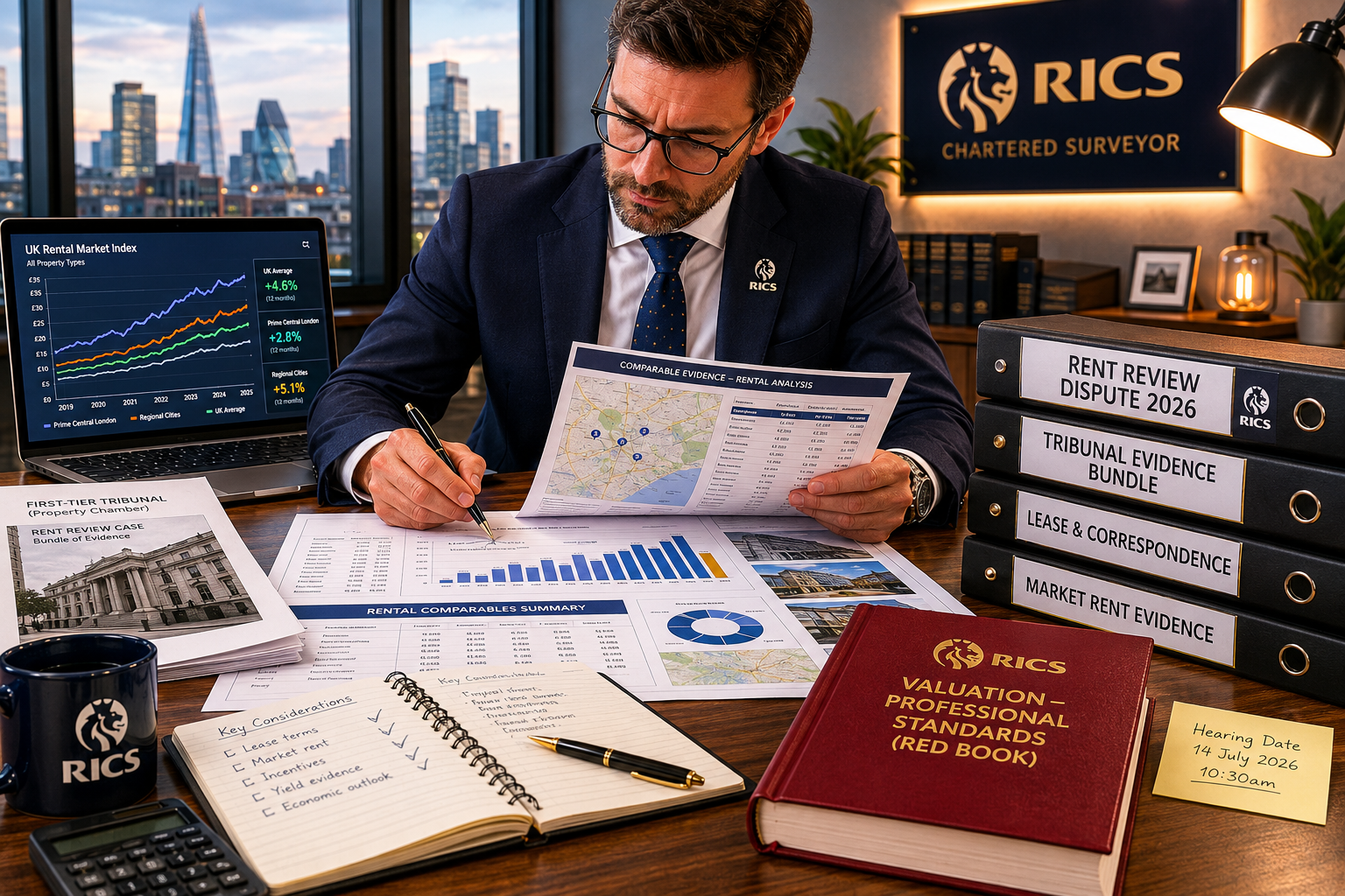 Wide-angle editorial photograph of a RICS-certified chartered surveyor at a large desk reviewing rental market comparable