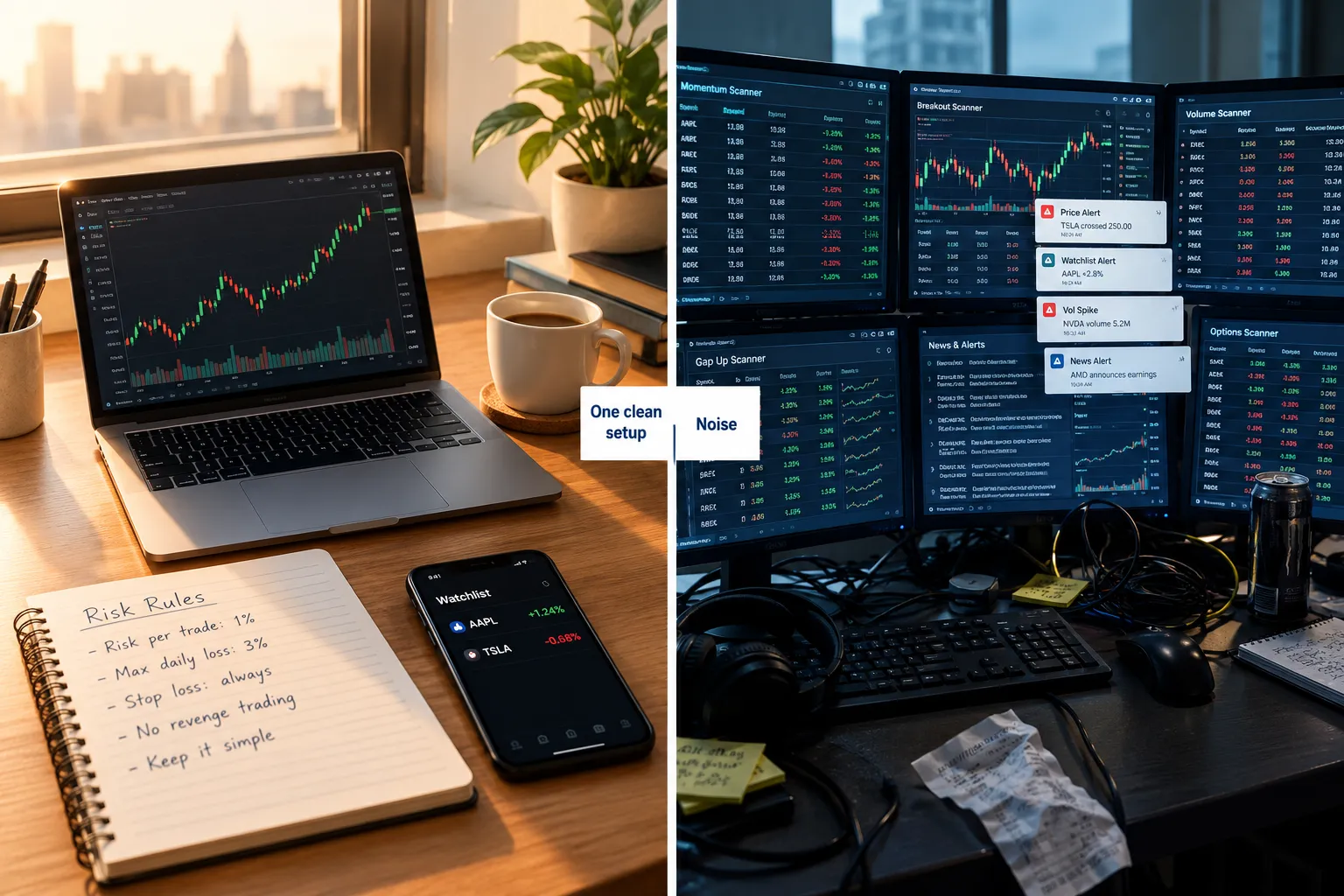 One clean setup with written risk rules next to a noisy multi-screen scanner desk