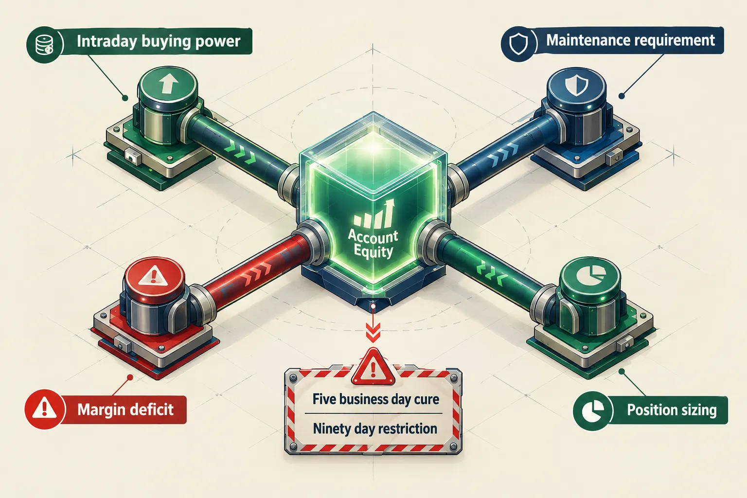 Account equity connected to intraday buying power, maintenance requirement, margin deficit and position sizing