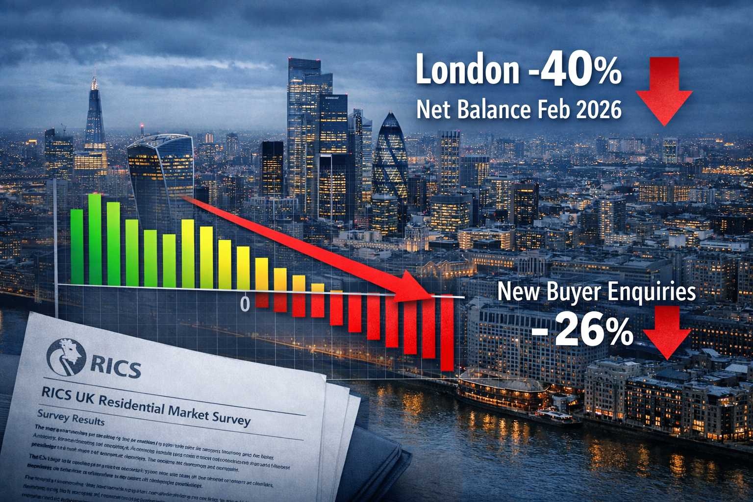 Wide-angle aerial photograph of London's financial district skyline at dusk with overlaid semi-transparent data