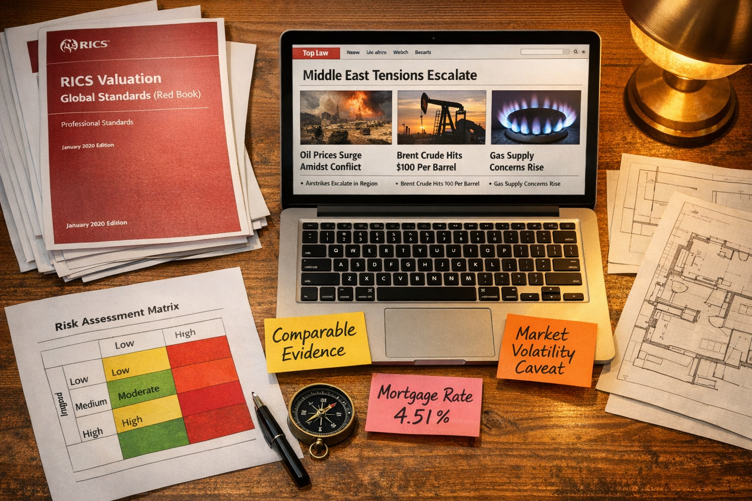 Close-up overhead flat-lay shot of a surveyor's desk showing RICS Red Book valuation documents, a laptop displaying