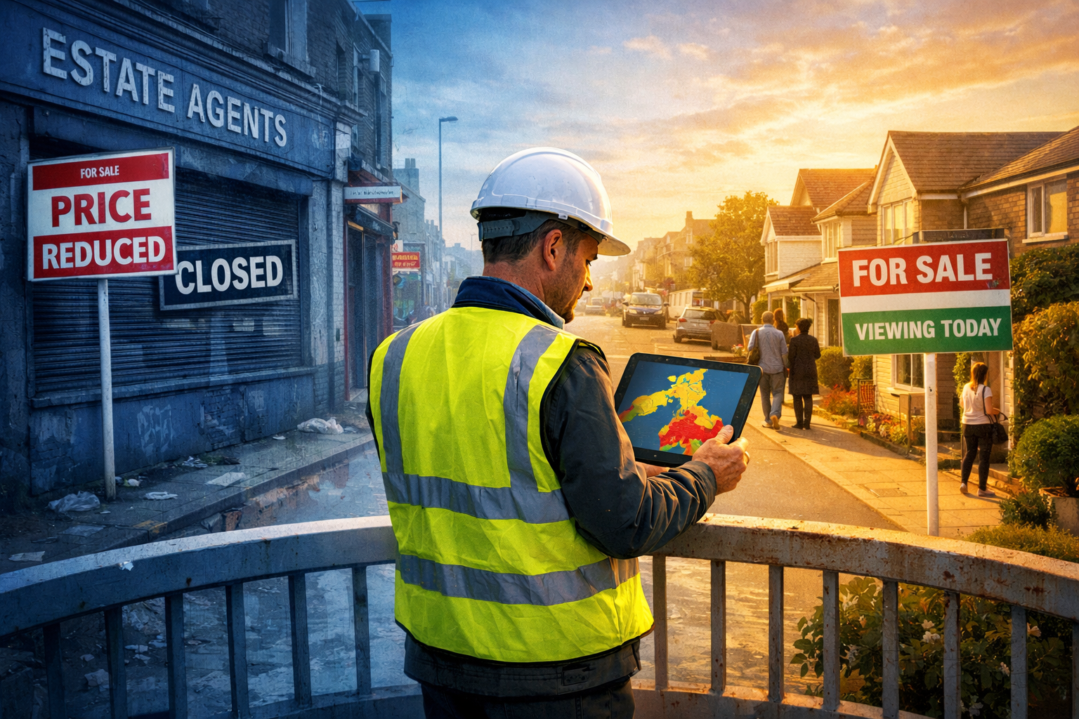 Split-composition image showing two contrasting UK regional property markets side by side: left panel shows a depressed