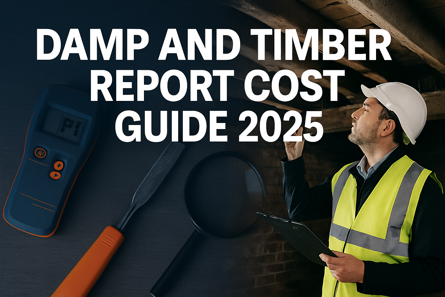 Professional landscape hero image (1536x1024) featuring bold text overlay 'Damp and Timber Report Cost Guide 2025' in extra large 72pt white