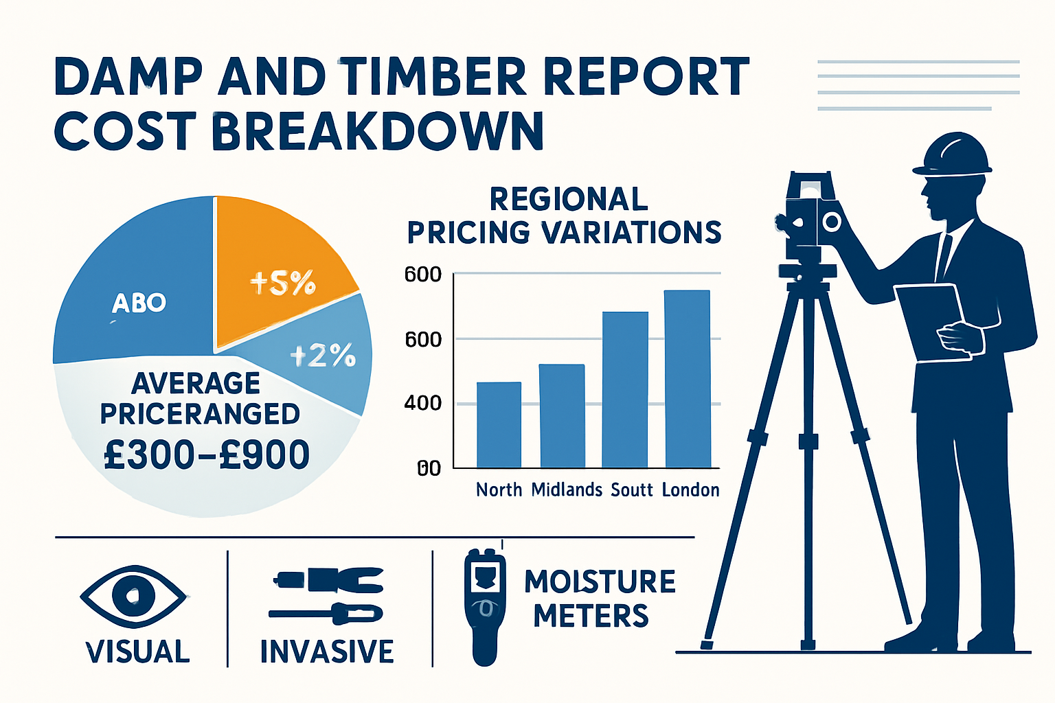 Detailed infographic showing damp and timber report cost breakdown with pie chart displaying average price ranges £300-£800, bar graph compa