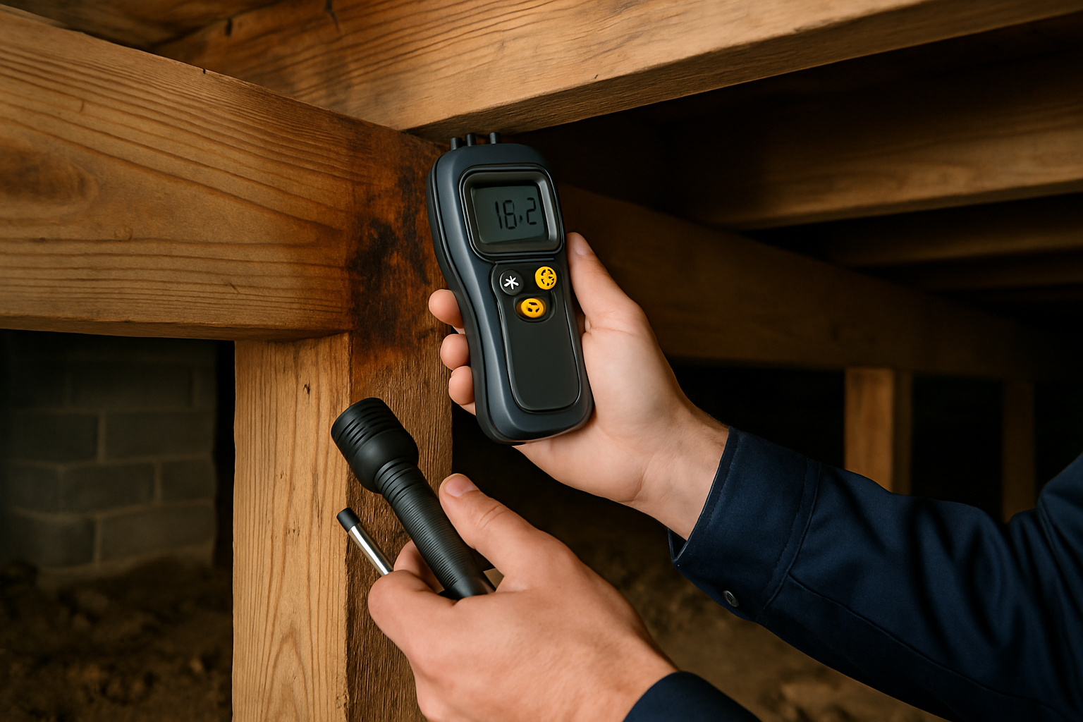 Professional photograph of timber inspection process showing surveyor using moisture detection equipment on wooden structural beams, close-u