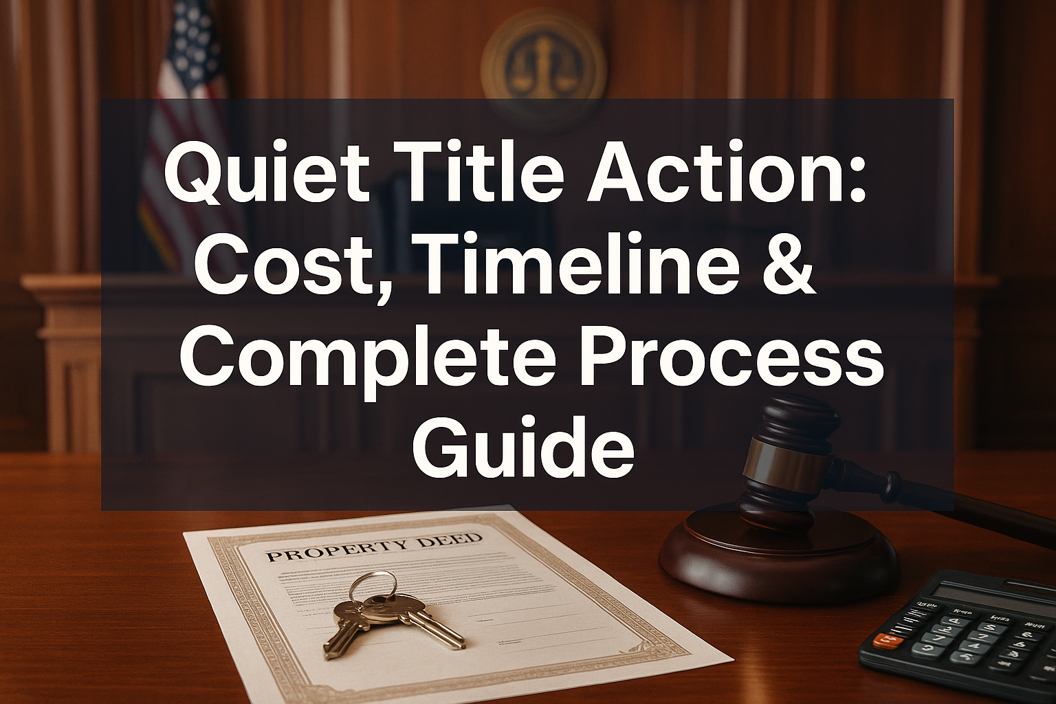 Professional landscape hero image (1536x1024) featuring bold text overlay 'Quiet Title Action: Cost, Timeline & Complete Process Guide' in e