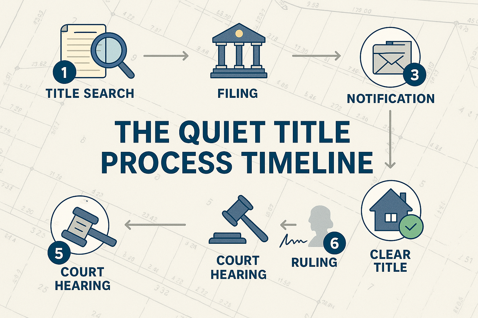 Detailed infographic illustration (1536x1024) showing step-by-step quiet title action legal process flowchart with numbered circles 1-7 conn