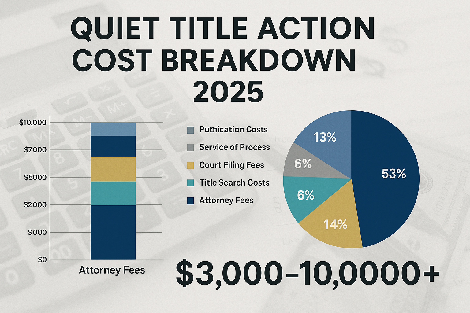 Comprehensive cost breakdown chart (1536x1024) displaying quiet title action expenses in detailed bar graph format. Left side shows stacked 