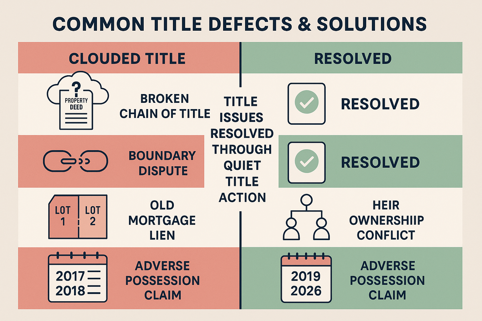 Split-screen comparison illustration (1536x1024) showing 'Common Title Defects & Solutions' with six panels. Left column displays problems: 